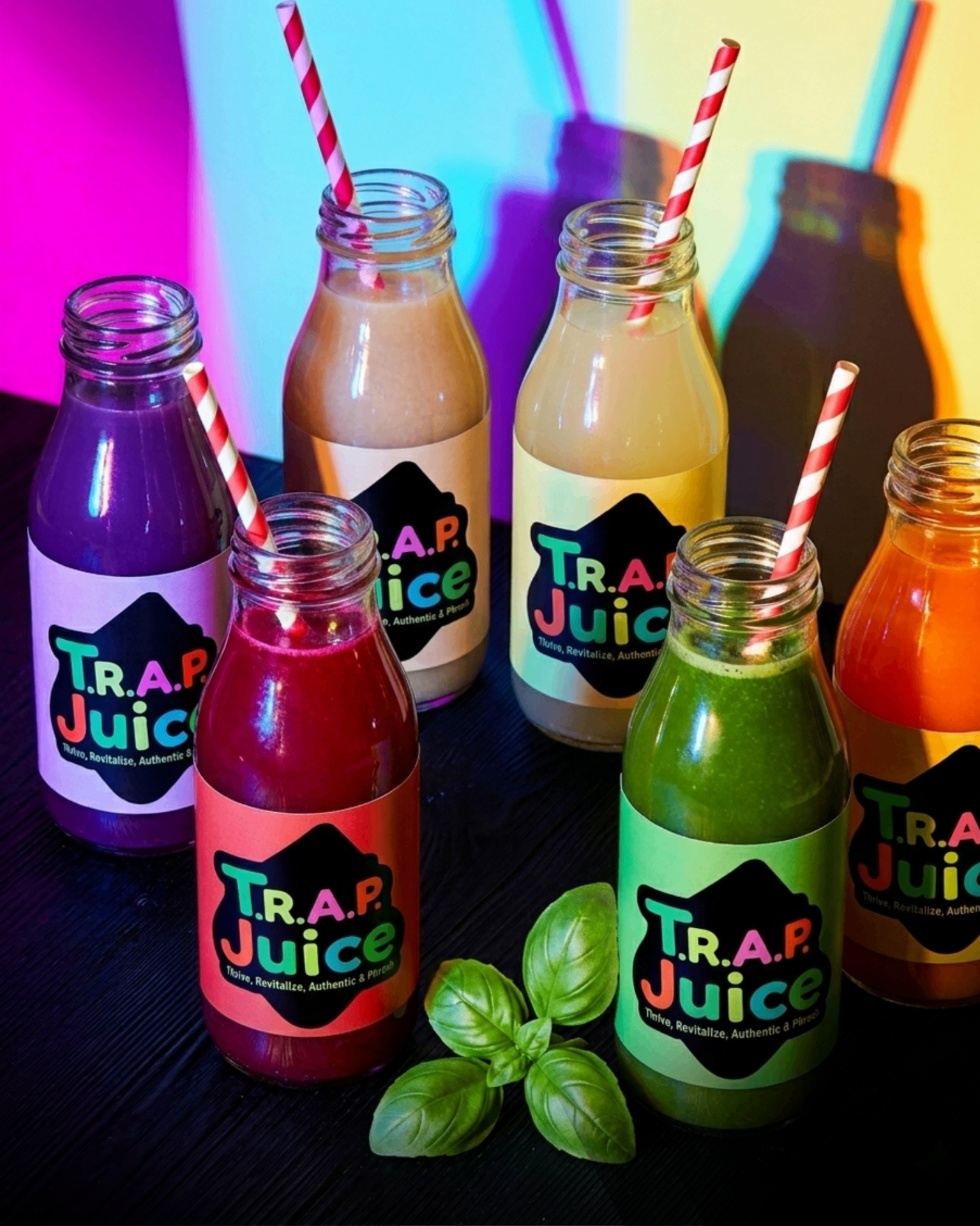 Full T.R.A.P. Juice bottle lineup with neon backlighting